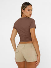 Load image into Gallery viewer, AUTOMET Womens Short Sleeve T Shirts Basic Summer 2025 Workout Tops Crew Neck Gym Crop Tops Trendy Y2K Clothes Coffee