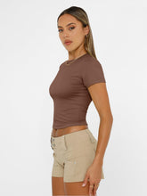 Load image into Gallery viewer, AUTOMET Womens Short Sleeve T Shirts Basic Summer 2025 Workout Tops Crew Neck Gym Crop Tops Trendy Y2K Clothes Coffee