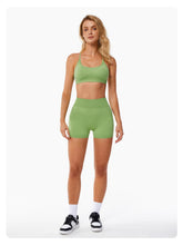 Load image into Gallery viewer, ABOCIW Workout Sets for Women Seamless V Back Scrunch Butt Lifting High Waist Biker Shorts Cross Back Sports Bra 2 Piece Yoga Gym Sets Light Green