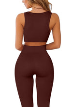 Load image into Gallery viewer, QINSEN Workout Outfits for Women 2 Piece Ribbed Seamless Crop Tank High Waist Yoga Leggings Sets,04 Coffee