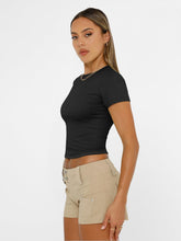 Load image into Gallery viewer, AUTOMET Womens Short Sleeve T Shirts Basic Summer 2025 Workout Tops Crew Neck Gym Crop Tops Trendy Y2K Clothes Black