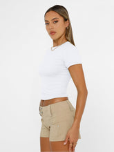 Load image into Gallery viewer, AUTOMET Womens Short Sleeve T Shirts Basic Summer 2025 Workout Tops Crew Neck Gym Crop Tops Trendy Y2K Clothes White