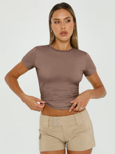 Load image into Gallery viewer, AUTOMET Womens Short Sleeve Basic Going Out T-Shirts Crew Neck Crop Tops Tight Slim Fit Y2K Trendy Summer Clothes 2025 Coffee Grey S