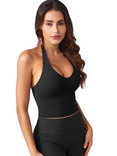 Load image into Gallery viewer, YEOREO Women's Halter Crop Top V Neck Workout Going Out Tank Top Hazel Padded Sleeveless Backless Trendy Summer Camisole Black