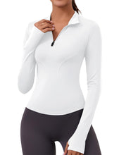 Load image into Gallery viewer, Womens Long Sleeve Workout Crop Tops Quick Dry Golf Shirt Quarter Zip Pullover Yoga Athletic Slim Fit Shirts(White)