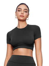 Load image into Gallery viewer, YEOREO Womens Short Sleeve Crop Tops Caliyta Seamless Workout Impact T Shirts Crew Neck Raglan Gym Yoga Tees Slim Fit Black