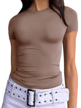 Load image into Gallery viewer, AUTOMET Womens Short Sleeve Basic Going Out T-Shirts Crew Neck Crop Tops Tight Slim Fit Y2K Trendy Summer Clothes 2025 Coffee Grey S