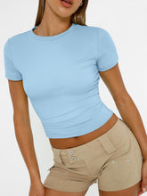 Load image into Gallery viewer, AUTOMET Womens Short Sleeve T Shirts Basic Summer 2025 Workout Tops Crew Neck Gym Crop Tops Trendy Y2K Clothes Baby Blue