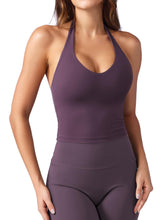 Load image into Gallery viewer, YEOREO Women's Halter Crop Top V Neck Workout Going Out Tank Top Hazel Padded Sleeveless Backless Trendy Summer Camisole BlackBerry Purple
