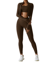 Load image into Gallery viewer, OMEWEE Workout Outfits for Women 3 Piece Long Sleeve Zip Up Cropped Jacket, Sports Bra and Tummy Control Leggings Brown