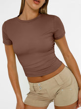 Load image into Gallery viewer, AUTOMET Womens Short Sleeve T Shirts Basic Summer 2025 Workout Tops Crew Neck Gym Crop Tops Trendy Y2K Clothes Coffee