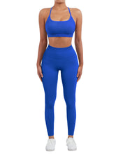 Load image into Gallery viewer, SUUKSESS Women Seamless 2 piece Workout Sets Strappy Padded Sports Bra Booty High Waisted Leggings Outfits (Royal Blue)