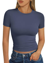 Load image into Gallery viewer, AUTOMET Womens Short Sleeve T Shirts Basic Summer 2025 Workout Tops Crew Neck Gym Crop Tops Trendy Y2K Clothes Navy