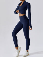 Load image into Gallery viewer, OMEWEE Workout Outfits for Women 3 Piece Long Sleeve Zip Up Cropped Jacket, Sports Bra and Tummy Control Leggings Navy blue