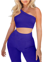Load image into Gallery viewer, 2 Pieces Workout Sets for Women One Shoulder Ribbed Sport Bra Seamless High Waist Leggings GMY Exercise Outfits (Klein Blue)