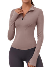 Load image into Gallery viewer, Womens Long Sleeve Workout Crop Tops Quick Dry Golf Shirt Quarter Zip Pullover Yoga Athletic Slim Fit Shirts(Brown Gray)