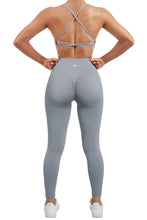 Load image into Gallery viewer, SUUKSESS Women Seamless 2 piece Workout Sets Strappy Padded Sports Bra Booty High Waisted Leggings Outfits (Grey Blue)