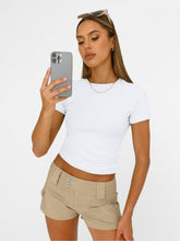Load image into Gallery viewer, AUTOMET Womens Short Sleeve T Shirts Basic Summer 2025 Workout Tops Crew Neck Gym Crop Tops Trendy Y2K Clothes White