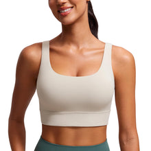 Load image into Gallery viewer, CRZ YOGA Butterluxe Womens U Back Sports Bra - Scoop Neck Padded Low Impact Yoga Clothes Workout Crop Top with Built in Pads Mojave Tan