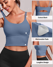 Load image into Gallery viewer, Everrysea Longline Sports Bra for Women Padded Workout Tank Tops Built in Bras Strappy Yoga Corp Top Camisole Blue