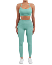 Load image into Gallery viewer, SUUKSESS Women Seamless 2 piece Workout Sets Strappy Padded Sports Bra Booty High Waisted Leggings Outfits (Light Green)
