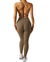 Load image into Gallery viewer, RXRXCOCO Ribbed Workout Sets for Women 2 Piece Backless Strappy Sports Bra Seamless Leggings Matching Set Yoga Outfits Brown