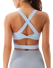 Load image into Gallery viewer, JOYSPELS Sports Bras for Women Extra Comfort Criss-Cross Back Padded Workout Tops for Women Medium Support Light Blue
