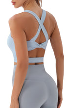 Load image into Gallery viewer, JOYSPELS Sports Bras for Women Extra Comfort Criss-Cross Back Padded Workout Tops for Women Medium Support Light Blue