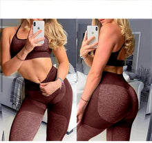 Load image into Gallery viewer, OLCHEE Women’s Workout Sets 2 Piece - Seamless Yoga Leggings and Cross-Strap Sports Bra Gym Outfits Activewear Matching Set - Choco