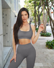Load image into Gallery viewer, RXRXCOCO Ribbed Workout Sets for Women 2 Piece Backless Strappy Sports Bra Seamless Leggings Matching Set Yoga Outfits Grey