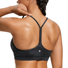 Load image into Gallery viewer, CRZ YOGA Butterluxe Womens Y Back Sports Bra - Padded Racerback Low Impact Spaghetti Thin Strap Workout Yoga Top Dark Grey Camouflage 2