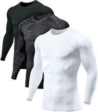Load image into Gallery viewer, ATHLIO Men's UPF 50+ Long Sleeve Compression Shirts, Water Sports Rash Guard Base Layer, Athletic Workout Shirt, 3pack Black/Utility Camo Black/White