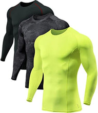 Load image into Gallery viewer, ATHLIO Men's UPF 50+ Long Sleeve Compression Shirts, Water Sports Rash Guard Base Layer, Athletic Workout Shirt, 3pack Utility Camo Black/Black/Neon
