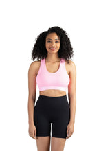 Load image into Gallery viewer, New Balance Womens Seamless Wirefree, Racerback Sports Bra with Removable Pads, Bottom Band with Logo, Camo Black
