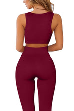 Load image into Gallery viewer, QINSEN Workout Outfits for Women 2 Piece Ribbed Seamless Crop Tank High Waist Yoga Leggings Sets (09 Wine)
