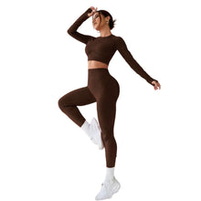 Load image into Gallery viewer, LIGHT DOT Women's Workout Outfits 2 Pieces Yoga Suits Long Sleeve Crop Top High Waist Sport Leggings Active Gym Set (Brown)
