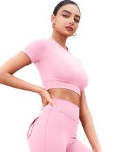 Load image into Gallery viewer, YEOREO Womens Short Sleeve Crop Tops Caliyta Seamless Workout Impact T Shirts Crew Neck Raglan Gym Yoga Tees Slim Fit Pink
