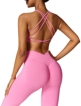 Load image into Gallery viewer, ABOCIW Workout Sets, Seamless V Back Scrunch Lifting Leggings High Waist Yoga Pants Cross Back Strappy Sports Bra 2 Piece Gym Sets Y-Pink
