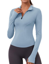 Load image into Gallery viewer, Womens Athletic Tops Long Sleeve Slim Fit Cropped Jacket Workout Tops Quarter Zip Pullover Collared Yoga Shirts(Blue)
