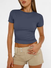 Load image into Gallery viewer, AUTOMET Womens Short Sleeve T Shirts Basic Summer 2025 Workout Tops Crew Neck Gym Crop Tops Trendy Y2K Clothes Navy
