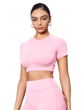 Load image into Gallery viewer, YEOREO Womens Short Sleeve Crop Tops Caliyta Seamless Workout Impact T Shirts Crew Neck Raglan Gym Yoga Tees Slim Fit Pink
