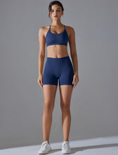 Load image into Gallery viewer, ABOCIW Workout Sets for Women Seamless V Back Scrunch Butt Lifting High Waist Biker Shorts Cross Back Sports Bra 2 Piece Yoga Gym Sets Navy Blue
