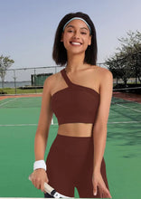 Load image into Gallery viewer, Workout Sets for Women, Cut Seamless Crop Tank Leggings Matching Sets 2 Pieces Outfits, Sexy One Shoulder Two Piece Workout Outfits(Coffee)
