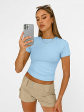 Load image into Gallery viewer, AUTOMET Womens Short Sleeve T Shirts Basic Summer 2025 Workout Tops Crew Neck Gym Crop Tops Trendy Y2K Clothes Baby Blue

