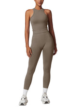 Load image into Gallery viewer, ABOCIW Workout Sets for Women, Ribbed Racerback Tank Top Bra Seamless Scrunch Butt Lifting High Waist Leggings 2 Piece Gym Yoga Outfits Tank Tan
