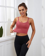 Load image into Gallery viewer, Everrysea Longline Sports Bra for Women Padded Workout Tank Tops Built in Bras Strappy Yoga Corp Top Camisole Rose
