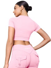 Load image into Gallery viewer, YEOREO Womens Short Sleeve Crop Tops Caliyta Seamless Workout Impact T Shirts Crew Neck Raglan Gym Yoga Tees Slim Fit Pink
