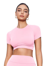 Load image into Gallery viewer, YEOREO Womens Short Sleeve Crop Tops Caliyta Seamless Workout Impact T Shirts Crew Neck Raglan Gym Yoga Tees Slim Fit Pink
