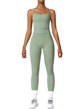 Load image into Gallery viewer, Womens Workout Sets Two Piece Seamless Stretch Cross Back Tank Top Matching Tummy Control High Waist Leggings Set 2 Piece For Women Gym Yoga Active Wear Outfits Athletic Work Out Clothes Green
