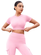 Load image into Gallery viewer, YEOREO Womens Short Sleeve Crop Tops Caliyta Seamless Workout Impact T Shirts Crew Neck Raglan Gym Yoga Tees Slim Fit Pink
